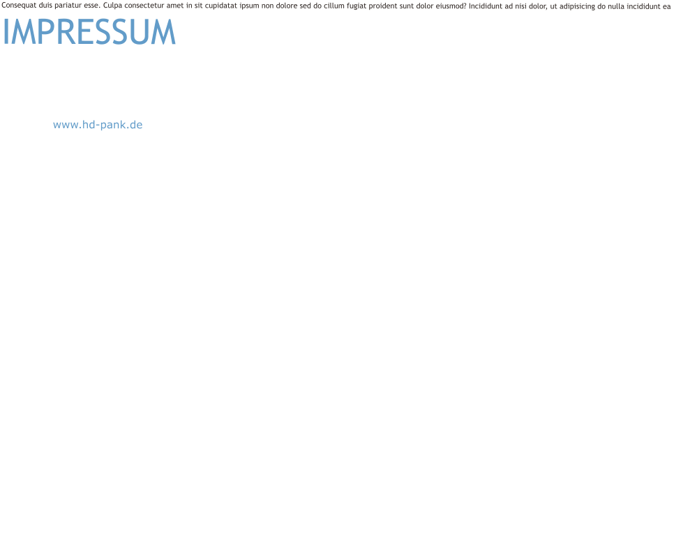 Consequat duis pariatur esse. Culpa consectetur amet in sit cupidatat ipsum non dolore sed do cillum fugiat proident sunt dolor eiusmod? Incididunt ad nisi dolor, ut adipisicing do nulla incididunt ea  IMPRESSUM HD-PANK.DE Computer UG (haftungsbeschränkt) Pankstraße 58; 13357 Berlin; Deutschland  Telefon: [+49 30] 4657028Internet: www.hd-pank.de ; Email:  Geschäftsführer: Guido Hadasch USt-IdNr.: DE278795237 Amtsgericht Berlin-Charlottenburg HRB 136497 B  Content Inhalt: HD-PANK.DE Computer UG übernimmt keinerlei Gewähr für die Aktualität, Korrektheit, Vollständigkeit oder Qualität der bereitgestellten Informationen. Haftungsansprüche gegen HD- PANK.DE Computer UG, welche sich auf Schäden materieller oder ideeller Art beziehen, die durch die Nutzung oder Nichtnutzung der dargebotenen Informationen bzw. durch die Nutzung fehlerhafter und unvollständiger Informationen verursacht wurden, sind grundsätzlich ausgeschlossen, sofern seitens HD-PANK.DE Computer UG kein nachweislich vorsätzliches oder grob fahrlässiges Verschulden vorliegt. Alle Angebote sind freibleibend und unverbindlich. HD-PANK.DE Computer UG behält es sich ausdrücklich vor, Teile der Seiten oder das gesamte Angebot ohne gesonderte Ankündigung zu verändern, zu ergänzen, zu löschen oder die Veröffentlichung zeitweise oder endgültig einzustellen. Links und Verweise: Bei direkten oder indirekten Verweisen auf fremde Internetseiten ("Links"), die außerhalb des Verantwortungsbereiches von HD-PANK.DE Computer UG liegen, würde eine Haftungsverpflichtung ausschließlich in dem Fall in Kraft treten, in dem HD-PANK.DE Computer UG von den Inhalten Kenntnis hat und es HD-PANK.DE Computer UG technisch möglich und zumutbar wäre, die Nutzung im Falle rechtswidriger Inhalte zu verhindern. HD-PANK.DE Computer UG erklärt hiermit ausdrücklich, dass zum Zeitpunkt der Linksetzung keine illegalen Inhalte auf den zu verlinkenden Seiten erkennbar waren. Auf die aktuelle und zukünftige Gestaltung, die Inhalte oder die Urheberschaft der gelinkten/verknüpften Seiten hat HD-PANK.DE Computer UG keinerlei Einfluss. Deshalb distanziert sich HD-PANK.DE Computer UG hiermit ausdrücklich von allen Inhalten aller gelinkten /verknüpften Seiten, die nach der Linksetzung verändert wurden. Diese Feststellung gilt für alle innerhalb des eigenen Internetangebotes gesetzten Links und Verweise. Für illegale, fehlerhafte oder unvollständige Inhalte und insbesondere für Schäden, die aus der Nutzung oder Nichtnutzung solcher Art dargebotener Informationen entstehen, haftet allein der Anbieter der Seite, auf welche verwiesen wurde, nicht derjenige, der über Links auf die jeweilige Veröffentlichung lediglich verweist. Alle verwendeten Namen und Bezeichnungen können Marken oder eingetragene Marken ihrer jeweiligen Eigentümer sein. Die Verbreitung der Inhalte bedarf der ausdrücklichen Genehmigung von HD-PANK.DE Computer UG